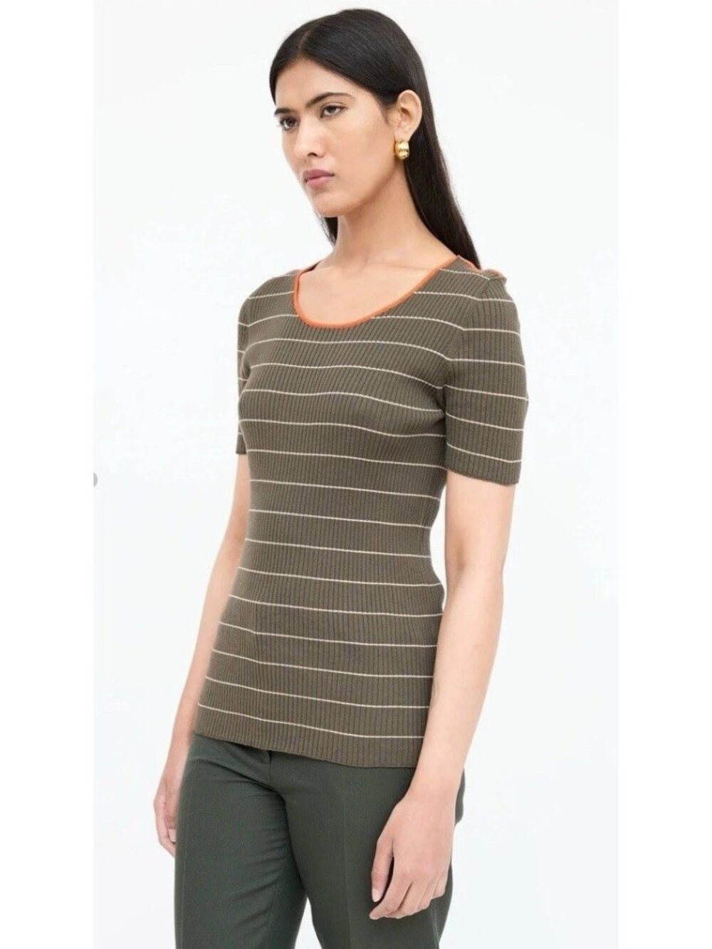 Akris Punto Women's Sz 12 Olive Green Striped Rib-Knit Shirt Scoop Neck